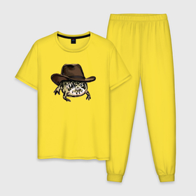 Мужская пижама хлопок с принтом Дождевая лягушка в шляпе в Курске, 100% хлопок | брюки и футболка прямого кроя, без карманов, на брюках мягкая резинка на поясе и по низу штанин
 | cowboy | cowboy hat | desert rain frog | howdy meme | meme | дождевая лягушка | иллюстрация | ковбой | ковбойская шляпа | лягуха | мемы | настроение | недовольное лицо | прикольные картинки | рисунок | сердитая лягушка