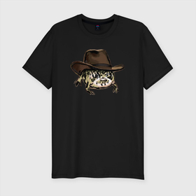Мужская футболка хлопок Slim с принтом Дождевая лягушка в шляпе в Санкт-Петербурге, 92% хлопок, 8% лайкра | приталенный силуэт, круглый вырез ворота, длина до линии бедра, короткий рукав | cowboy | cowboy hat | desert rain frog | howdy meme | meme | дождевая лягушка | иллюстрация | ковбой | ковбойская шляпа | лягуха | мемы | настроение | недовольное лицо | прикольные картинки | рисунок | сердитая лягушка