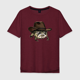 Мужская футболка хлопок Oversize с принтом Дождевая лягушка в шляпе в Белгороде, 100% хлопок | свободный крой, круглый ворот, “спинка” длиннее передней части | cowboy | cowboy hat | desert rain frog | howdy meme | meme | дождевая лягушка | иллюстрация | ковбой | ковбойская шляпа | лягуха | мемы | настроение | недовольное лицо | прикольные картинки | рисунок | сердитая лягушка