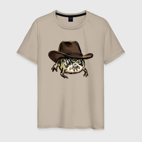 Мужская футболка хлопок с принтом Дождевая лягушка в шляпе в Санкт-Петербурге, 100% хлопок | прямой крой, круглый вырез горловины, длина до линии бедер, слегка спущенное плечо. | Тематика изображения на принте: cowboy | cowboy hat | desert rain frog | howdy meme | meme | дождевая лягушка | иллюстрация | ковбой | ковбойская шляпа | лягуха | мемы | настроение | недовольное лицо | прикольные картинки | рисунок | сердитая лягушка