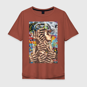 Мужская футболка хлопок Oversize с принтом Modern в Екатеринбурге, 100% хлопок | свободный крой, круглый ворот, “спинка” длиннее передней части | граффити | девушка | женщина | золотая девушка | картина | много рук | руки | современно | стена | узоры | уличный стиль | фото в профиль