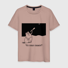 Мужская футболка хлопок с принтом Чо как сами? в Санкт-Петербурге, 100% хлопок | прямой крой, круглый вырез горловины, длина до линии бедер, слегка спущенное плечо. | инопланетяне | котики | коты | котэ | кошки | нло
