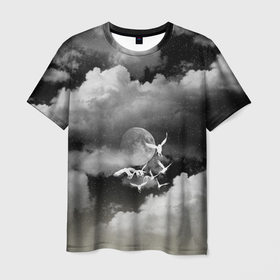 Мужская футболка 3D с принтом Cloudy Night в Курске, 100% полиэфир | прямой крой, круглый вырез горловины, длина до линии бедер | clouds | moon | night | northern lights | ravens | stars | вороны | звезды | луна | ночное небо | облака | птицы | тучи