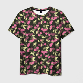 Мужская футболка 3D с принтом Вишневый узор  в Тюмени, 100% полиэфир | прямой крой, круглый вырез горловины, длина до линии бедер | вишня | детский | еда | лето | природа | розовый и черный | сад | ягодный узор | ягоды | ягоды вишни