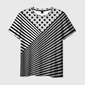 Мужская футболка 3D с принтом Полосатый комбинированный узор , 100% полиэфир | прямой крой, круглый вырез горловины, длина до линии бедер | звезды | комбинированный | молодежный | монохромный | полосатый | серый и черный | современный | черно белый