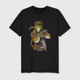 Мужская футболка хлопок Slim с принтом Песчаный отряд в Тюмени, 92% хлопок, 8% лайкра | приталенный силуэт, круглый вырез ворота, длина до линии бедра, короткий рукав | арт | африка | гепард | жара | животное | зверь | леопард | оружие | рисунок | человекоподобный