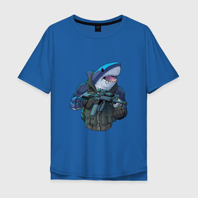 Мужская футболка хлопок Oversize с принтом Водный спецназ в Санкт-Петербурге, 100% хлопок | свободный крой, круглый ворот, “спинка” длиннее передней части | акула | арт | граната | зубы | клыки | огнестрельное оружие | рисунок | рыба | рыбы | хищник | человекоподобный