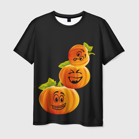 Мужская футболка 3D с принтом Хэллоуин смешные тыквы в Санкт-Петербурге, 100% полиэфир | прямой крой, круглый вырез горловины, длина до линии бедер | день всех святых | забавные рожицы | карнавал | праздник | смешные | тыквы | хэллоуин