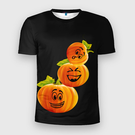 Мужская футболка 3D спортивная с принтом Хэллоуин смешные тыквы в Тюмени, 100% полиэстер с улучшенными характеристиками | приталенный силуэт, круглая горловина, широкие плечи, сужается к линии бедра | день всех святых | забавные рожицы | карнавал | праздник | смешные | тыквы | хэллоуин