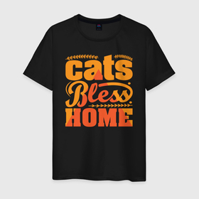 Мужская футболка хлопок с принтом Cats bless home в Курске, 100% хлопок | прямой крой, круглый вырез горловины, длина до линии бедер, слегка спущенное плечо. | Тематика изображения на принте: bless | cats | дом | иллюстрация | кошки