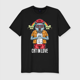 Мужская футболка хлопок Slim с принтом Cat in love в Петрозаводске, 92% хлопок, 8% лайкра | приталенный силуэт, круглый вырез ворота, длина до линии бедра, короткий рукав | love | иллюстрация | котёнок | котик | радуга