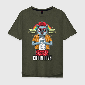 Мужская футболка хлопок Oversize с принтом Cat in love в Петрозаводске, 100% хлопок | свободный крой, круглый ворот, “спинка” длиннее передней части | love | иллюстрация | котёнок | котик | радуга