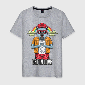 Мужская футболка хлопок с принтом Cat in love в Белгороде, 100% хлопок | прямой крой, круглый вырез горловины, длина до линии бедер, слегка спущенное плечо. | love | иллюстрация | котёнок | котик | радуга
