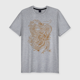 Мужская футболка хлопок Slim с принтом Дракон и феникс в Петрозаводске, 92% хлопок, 8% лайкра | приталенный силуэт, круглый вырез ворота, длина до линии бедра, короткий рукав | арт | битва | дракон | иллюстрация | огненная птица | феникс