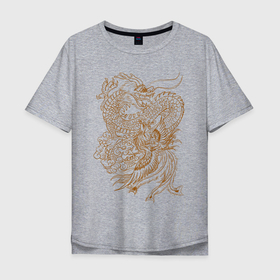 Мужская футболка хлопок Oversize с принтом Дракон и феникс в Петрозаводске, 100% хлопок | свободный крой, круглый ворот, “спинка” длиннее передней части | арт | битва | дракон | иллюстрация | огненная птица | феникс