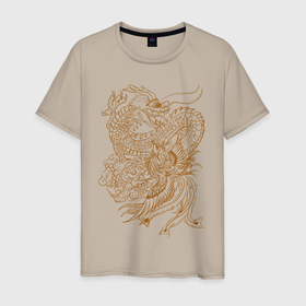 Мужская футболка хлопок с принтом Дракон и феникс в Екатеринбурге, 100% хлопок | прямой крой, круглый вырез горловины, длина до линии бедер, слегка спущенное плечо. | Тематика изображения на принте: арт | битва | дракон | иллюстрация | огненная птица | феникс