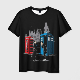 Мужская футболка 3D с принтом Шерлок х Доктор в Санкт-Петербурге, 100% полиэфир | прямой крой, круглый вырез горловины, длина до линии бедер | doctor who | serial | sherlock | доктор кто | путешествия во времени | сериал | сериалы | фантастика | шерлок