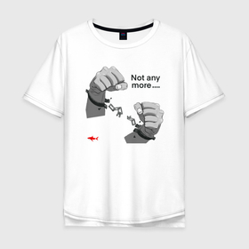 Мужская футболка хлопок Oversize с принтом Not any more... в Белгороде, 100% хлопок | свободный крой, круглый ворот, “спинка” длиннее передней части | Тематика изображения на принте: hands | red shark | достаточно | красная акула | наручники | оковы | руки | цепи
