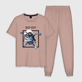 Мужская пижама хлопок с принтом Crazy frog в Белгороде, 100% хлопок | брюки и футболка прямого кроя, без карманов, на брюках мягкая резинка на поясе и по низу штанин
 | Тематика изображения на принте: bip | crazy | crazy frog | frog | бип | крэйзи | крэйзи фрог | лягушка | сумасшедшая лягушка