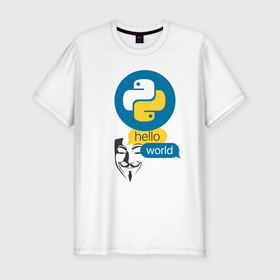 Мужская футболка хлопок Slim с принтом  Python Hello World в Екатеринбурге, 92% хлопок, 8% лайкра | приталенный силуэт, круглый вырез ворота, длина до линии бедра, короткий рукав | guy fawkes | hello world | python | гай фокс | привет мир | программист | программы