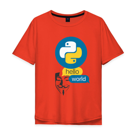 Мужская футболка хлопок Oversize с принтом  Python Hello World в Новосибирске, 100% хлопок | свободный крой, круглый ворот, “спинка” длиннее передней части | Тематика изображения на принте: guy fawkes | hello world | python | гай фокс | привет мир | программист | программы