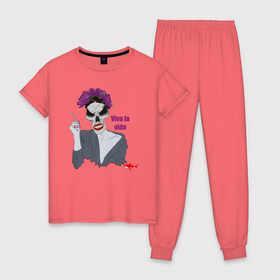 Женская пижама хлопок с принтом Viva la vida в Белгороде, 100% хлопок | брюки и футболка прямого кроя, без карманов, на брюках мягкая резинка на поясе и по низу штанин | deth | redshark | skull | skullart | красная акула | череп