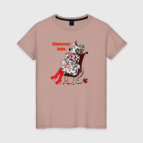 Женская футболка хлопок с принтом Glamorous babe в Курске, 100% хлопок | прямой крой, круглый вырез горловины, длина до линии бедер, слегка спущенное плечо | glamorous babe | red shark | гламур | корова | корова в сапогах | корова на стуле | красная акула