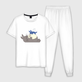 Мужская пижама хлопок с принтом Sleepy Totoro в Новосибирске, 100% хлопок | брюки и футболка прямого кроя, без карманов, на брюках мягкая резинка на поясе и по низу штанин
 | ghibli | japan | nature | neigbor | neighbour | totoro | анимация | аниме | гибли | друг | животные | лес | милый | мир | миядзаки | мой сосед тоторо | мульт | мультфильм | природа | сосед | тоторо | хаяо | хранитель | япония