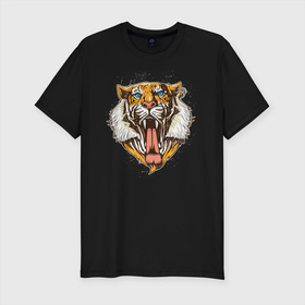 Мужская футболка хлопок Slim с принтом Крутой Тигр в Санкт-Петербурге, 92% хлопок, 8% лайкра | приталенный силуэт, круглый вырез ворота, длина до линии бедра, короткий рукав | дикий | злой тигр | крупный тигр | крутой тигр | тигр