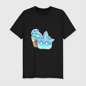 Мужская футболка хлопок Slim с принтом Мороженко-слайм в Курске, 92% хлопок, 8% лайкра | приталенный силуэт, круглый вырез ворота, длина до линии бедра, короткий рукав | арт | вафельный стаканчик | крио | лёд | мороженное | рисунок | слайм | слаймы