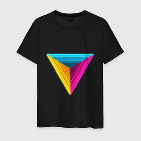Мужская футболка хлопок с принтом Неоновые треугольники в Курске, 100% хлопок | прямой крой, круглый вырез горловины, длина до линии бедер, слегка спущенное плечо. | Тематика изображения на принте: желтый | неон | розовый | синий | треугольник