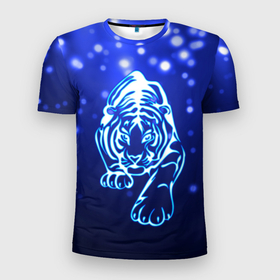 Мужская футболка 3D спортивная с принтом Неоновый тигр в Тюмени, 100% полиэстер с улучшенными характеристиками | приталенный силуэт, круглая горловина, широкие плечи, сужается к линии бедра | cat | neon | new year | tiger | блеск | восточный гороскоп | год тигра | гороскоп | день рождения | дикие животные | дикий тигр | зверь | злой кот | кот | кошак | кошка | неоновый | новый год | подарок | сила