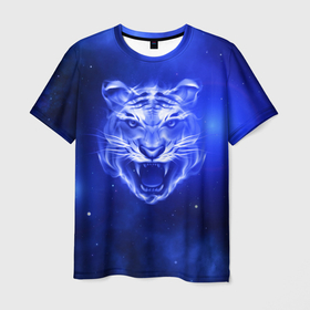 Мужская футболка 3D с принтом Космический тигр в Тюмени, 100% полиэфир | прямой крой, круглый вырез горловины, длина до линии бедер | cat | neon | new year | tiger | восточный гороскоп | год тигра | голова | день рождения | дикие животные | зверь | злой кот | злой тигр | кот | кошак | кошка | неоновый | новый год | огненный | оскал | подарок