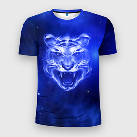 Мужская футболка 3D спортивная с принтом Космический тигр в Белгороде, 100% полиэстер с улучшенными характеристиками | приталенный силуэт, круглая горловина, широкие плечи, сужается к линии бедра | cat | neon | new year | tiger | восточный гороскоп | год тигра | голова | день рождения | дикие животные | зверь | злой кот | злой тигр | кот | кошак | кошка | неоновый | новый год | огненный | оскал | подарок
