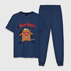 Мужская пижама хлопок с принтом Крутые Бобры в Петрозаводске, 100% хлопок | брюки и футболка прямого кроя, без карманов, на брюках мягкая резинка на поясе и по низу штанин
 | cartoon | cartoon   series | cool | cool beavers | daggett doofus beaver | deggetu | hero | norbert | герой | деггету | дэггет дофус | крутой | крутые бобры | мульт   сериал | мультфильм