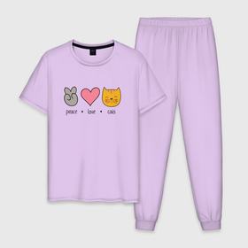 Мужская пижама хлопок с принтом PEACE LOVE CATS (Z) в Санкт-Петербурге, 100% хлопок | брюки и футболка прямого кроя, без карманов, на брюках мягкая резинка на поясе и по низу штанин
 | cat | cats | love | lovers | peace | кот | коты | любить | любовь | мир | хипи | хиппи