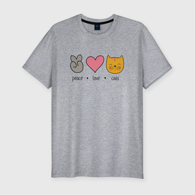 Мужская футболка хлопок Slim с принтом PEACE LOVE CATS (Z) в Екатеринбурге, 92% хлопок, 8% лайкра | приталенный силуэт, круглый вырез ворота, длина до линии бедра, короткий рукав | cat | cats | love | lovers | peace | кот | коты | любить | любовь | мир | хипи | хиппи