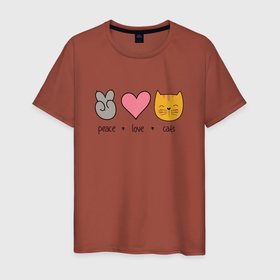 Мужская футболка хлопок с принтом PEACE LOVE CATS (Z) в Белгороде, 100% хлопок | прямой крой, круглый вырез горловины, длина до линии бедер, слегка спущенное плечо. | Тематика изображения на принте: cat | cats | love | lovers | peace | кот | коты | любить | любовь | мир | хипи | хиппи