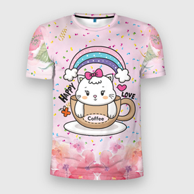 Мужская футболка 3D спортивная с принтом Милая кошечка в чашке кофе в Белгороде, 100% полиэстер с улучшенными характеристиками | приталенный силуэт, круглая горловина, широкие плечи, сужается к линии бедра | кот | котик | котята | кофе | кошечка | кошка | радуга | чашка кофе