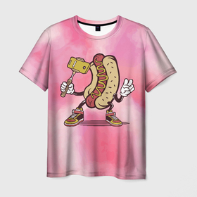 Мужская футболка 3D с принтом Хотдог сэлфи в Санкт-Петербурге, 100% полиэфир | прямой крой, круглый вырез горловины, длина до линии бедер | еда | прикол | сосиска | сосиска в тесте | сэлфи | фотка | хот дог | хотдог
