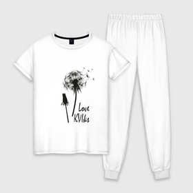 Женская пижама хлопок с принтом Одуванчики , 100% хлопок | брюки и футболка прямого кроя, без карманов, на брюках мягкая резинка на поясе и по низу штанин | kviks | love | одуванчик | цветок | черный