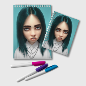 Блокнот с принтом Billie Eilish: 3D в Ухте, 100% бумага | 48 листов, плотность листов — 60 г/м2, плотность картонной обложки — 250 г/м2. Листы скреплены удобной пружинной спиралью. Цвет линий — светло-серый
 | 3d | billie eilish | белый | бирюзовый | волосы | лицо | музыка