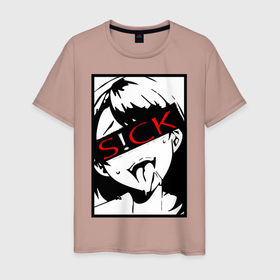 Мужская футболка хлопок с принтом Sick Ahegao в Белгороде, 100% хлопок | прямой крой, круглый вырез горловины, длина до линии бедер, слегка спущенное плечо. | horny | meme | ахегао | мем | монохром | плакат | слюни | тян
