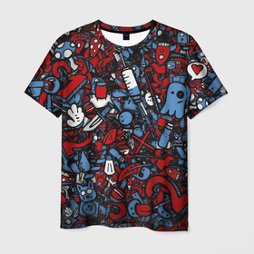 Мужская футболка 3D с принтом RedBlue stikers в Кировске, 100% полиэфир | прямой крой, круглый вырез горловины, длина до линии бедер | Тематика изображения на принте: грибочек | иллюстрация | сердце | стикер | цифры