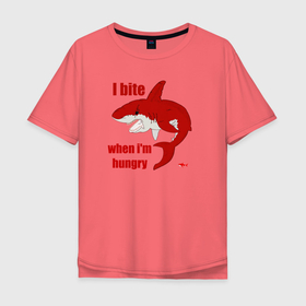 Мужская футболка хлопок Oversize с принтом I bite when im hungry в Курске, 100% хлопок | свободный крой, круглый ворот, “спинка” длиннее передней части | i bite when im hungry | red shark | голодный | красная акула | оскал | я кусаюсь когда я голоден