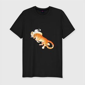 Мужская футболка хлопок Slim с принтом Тигр солнца в Новосибирске, 92% хлопок, 8% лайкра | приталенный силуэт, круглый вырез ворота, длина до линии бедра, короткий рукав | арт | большая кошка | рисунок | рога | солнце | тигр | фантастический зверь | фантастическое животное