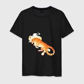 Мужская футболка хлопок с принтом Тигр солнца в Белгороде, 100% хлопок | прямой крой, круглый вырез горловины, длина до линии бедер, слегка спущенное плечо. | арт | большая кошка | рисунок | рога | солнце | тигр | фантастический зверь | фантастическое животное