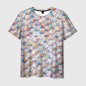 Мужская футболка 3D с принтом Разноцветная чешуя в Курске, 100% полиэфир | прямой крой, круглый вырез горловины, длина до линии бедер | абстракция | кружки | линии | радуга | узор | фигуры | цвет | чешуя