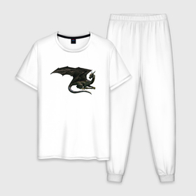 Мужская пижама хлопок с принтом Черный дракон  в Екатеринбурге, 100% хлопок | брюки и футболка прямого кроя, без карманов, на брюках мягкая резинка на поясе и по низу штанин
 | dragon | дракон | дракониха | крылья | черный