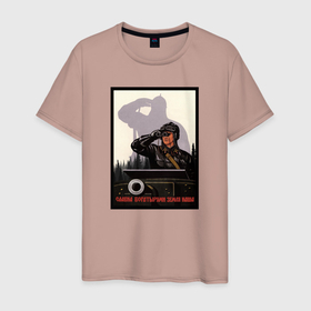 Мужская футболка хлопок с принтом Советский танкист  в Санкт-Петербурге, 100% хлопок | прямой крой, круглый вырез горловины, длина до линии бедер, слегка спущенное плечо. | богатырь | вов | война | коммунизм | плакат | ссср | танк